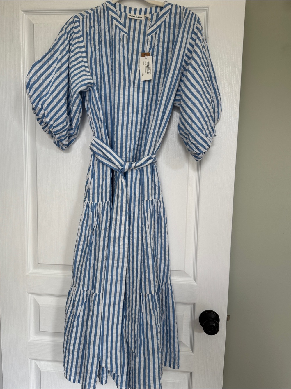 Roller Rabbit Blue & White Striped Tiered Midi Dress with Puff Sleeves